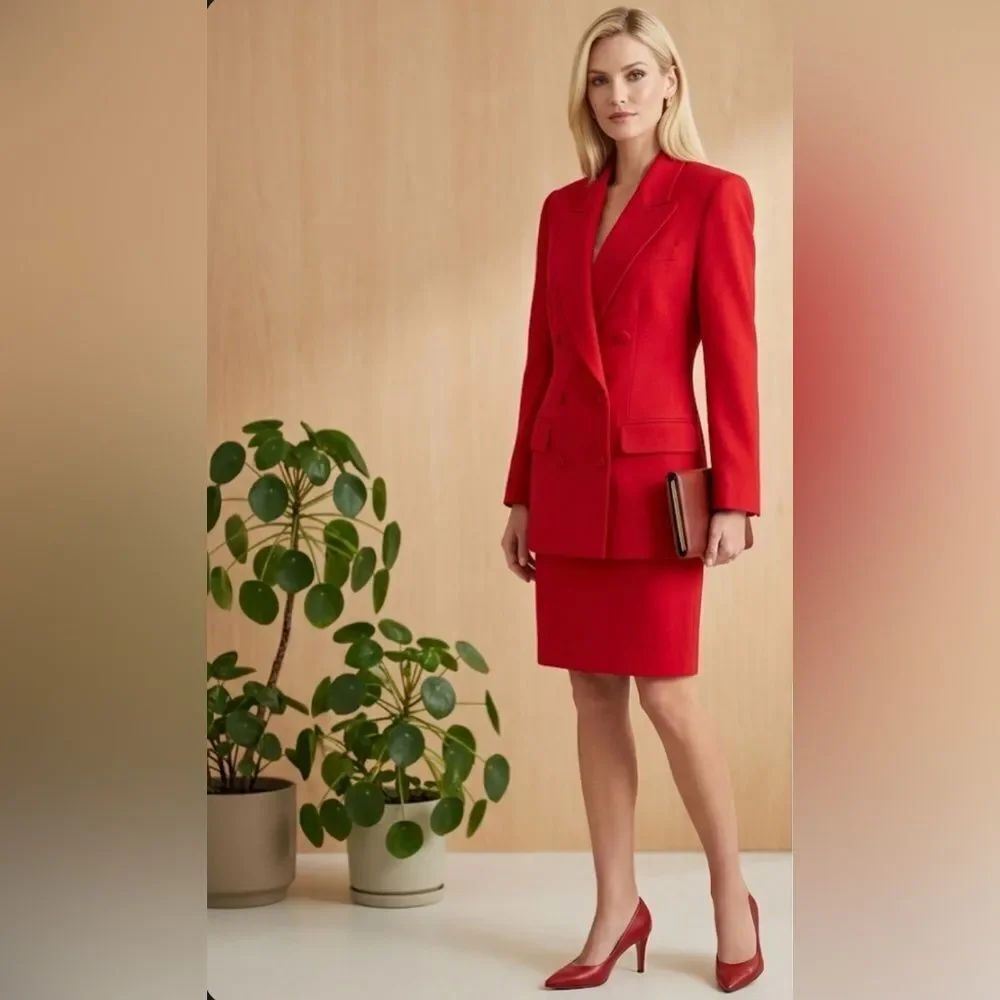 Valerie Stevens Pure Wool 2 Piece Skirt Suit Set Red Blazer and Skirt Size 10/12